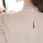 Ribbon-front Elbow-sleeve Lace Top