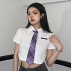 Set: Short-sleeve Letter Embroidered Collared T-shirt + Plaid Tie
