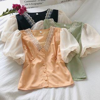 Lace Trim Puff-sleeve Chiffon Panel Blouse