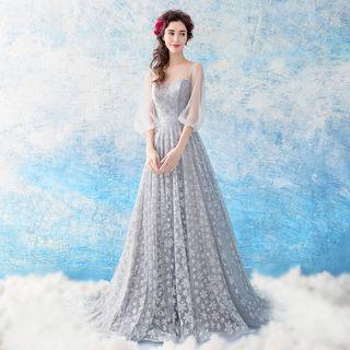 Glittered 3/4-sleeve Evening Gown
