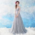 Glittered 3/4-sleeve Evening Gown