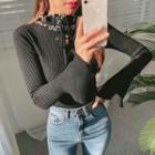 Lace-up Neck Bell-cuff Rib Knit Top