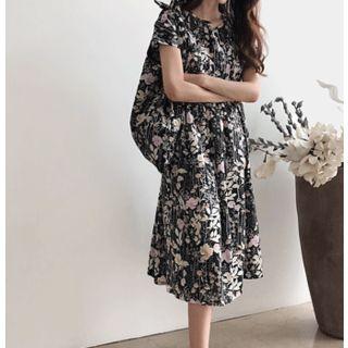 Set: Round-neck Floral Print Dress + Shopper Bag