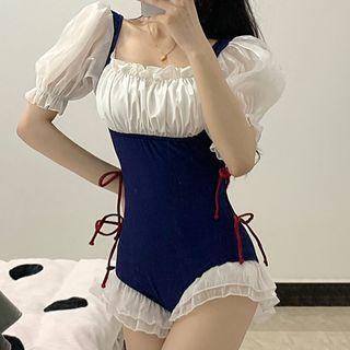 Puff-sleeve Shirred Lace-up Swimsuit