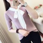 Bow Neck Elbow-sleeve Knit Top