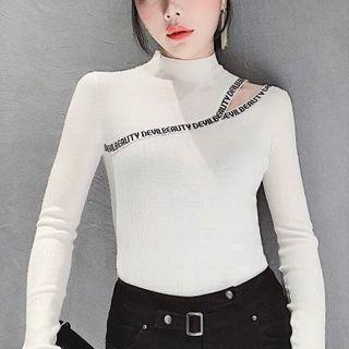 Long-sleeve Lettering Print Cutout Knit Top
