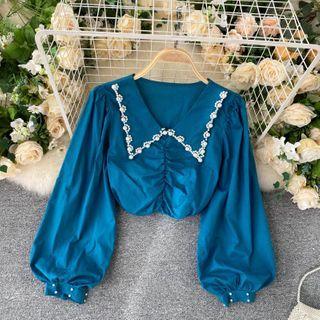 Faux Pearl Lapel Ruffle Puff-sleeve Top