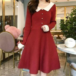 Two-tone Collared A-line Knit Dress