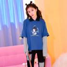 Mock Two-piece Print Long-sleeve Polo Shirt