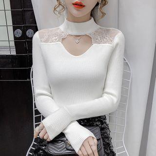 Mock-neck Lace Panel Cutout Knit Top