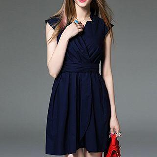Cap-sleeve Tie-waist Plain Dress