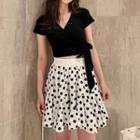 Set: Short-sleeve Wrap Cropped Top + Polka Dot A-line Mini Skirt