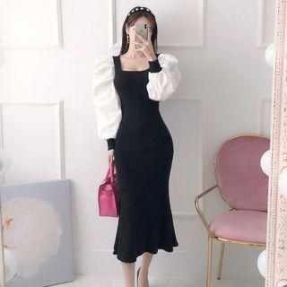 Lantern-sleeve Square-neck Midi Mermaid Sheath Dress