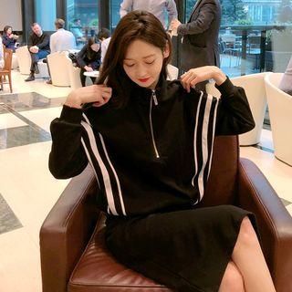 Long-sleeve Striped Zipped Sweater + High-waist Plain Skirt