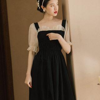 Long-sleeve Mesh Panel Midi Dress / Short-sleeve Midi Dress