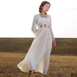 Long-sleeve Embroidery Chiffon Midi Dress