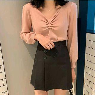 Sweetheart-neckline Shirred Knit Top