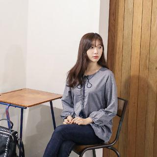 Tassel-neck Bishop-sleeve Top