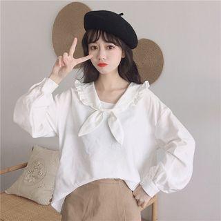 Long-sleeve Ribbon Frill Trim Blouse