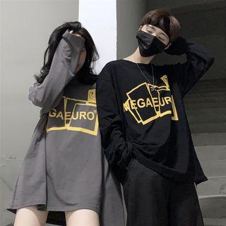 Lettering Smile Face Long-sleeve Round Neck T-shirt