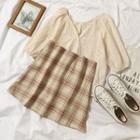 Elbow-sleeve Lace Top / Plaid A-line Skirt