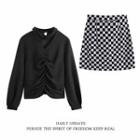 Long-sleeve Cutout Ruched Blouse / Checkerboard Mini Pencil Skirt