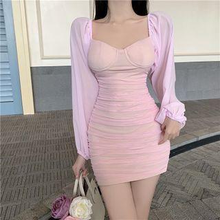Balloon-sleeve Mesh Mini Sheath Dress