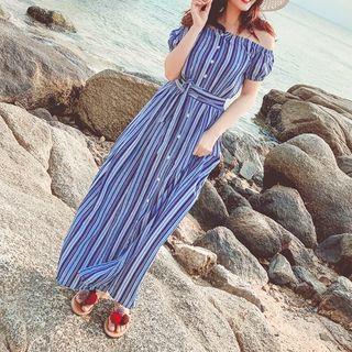 Striped Off-shoulder Short-sleeve Maxi Dress