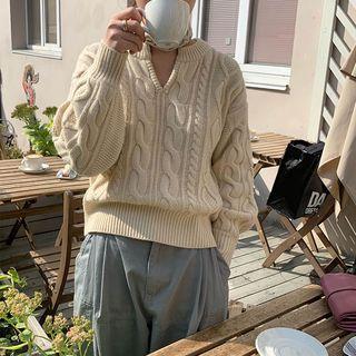 Long-sleeve V-neck Cable Knit Sweater