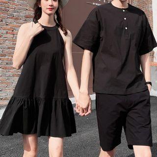 Couple Matching Halter-neck A-line Dress / Buttoned Elbow-sleeve T-shirt / Shorts