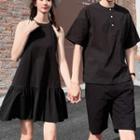 Couple Matching Halter-neck A-line Dress / Buttoned Elbow-sleeve T-shirt / Shorts