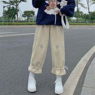 Embroidered Drawstring-cuff Cropped Pants