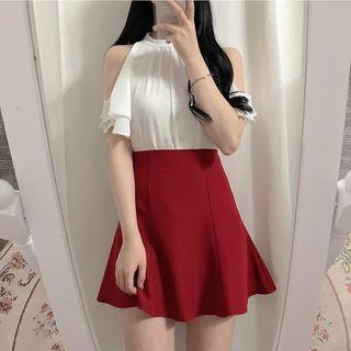 Plain Cold-shoulder Short-sleeve Blouse