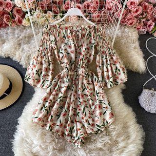 Off Shoulder Bell Sleeve Floral Print Playsuit