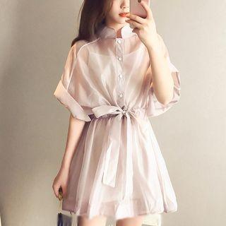 Set: Elbow-sleeve Shirt Dress + Slipdress