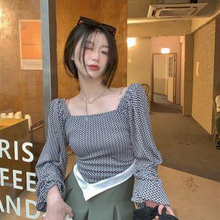 Long-sleeve Lace-up Print Blouse Black - One Size