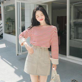 Slit-cuff Boatneck Stripe T-shirt