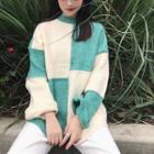 Mock Neck Color-block Knit Top As Shown In Figure - One Size