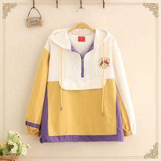 Cartoon Embroidered Color Block Hoodie White & Yellow & Purple - One Size