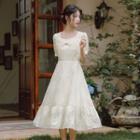Short-sleeve Square-neck Beaded Midi A-line Dress