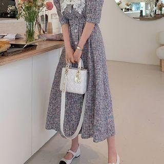 Puff-sleeve Lace-collar Tweed Maxi Dress