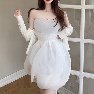 Strapless Mesh Mini A-line Dress / Cardigan