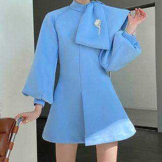 Long-sleeve Plain Mini A-line Dress With Brooch