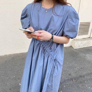 Plain Puff-sleeve Drawstring Midi A-line Dress