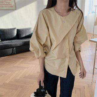 Puff-sleeve Button-up Blouse Khaki - One Size