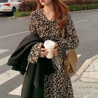 Flower Print Flared-sleeve Midi Dress