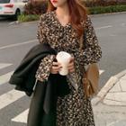 Flower Print Flared-sleeve Midi Dress
