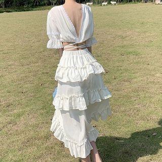 V-neck Lace Blouse / Ruffled- Trim Skirt