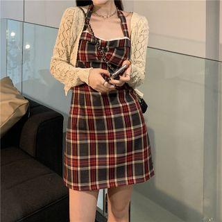 Pointelle Knit Cardigan / Halter-neck Plaid Mini Sheath Dress