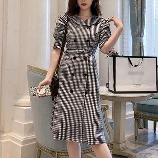 Checked Puff-sleeve Midi Collared Dress